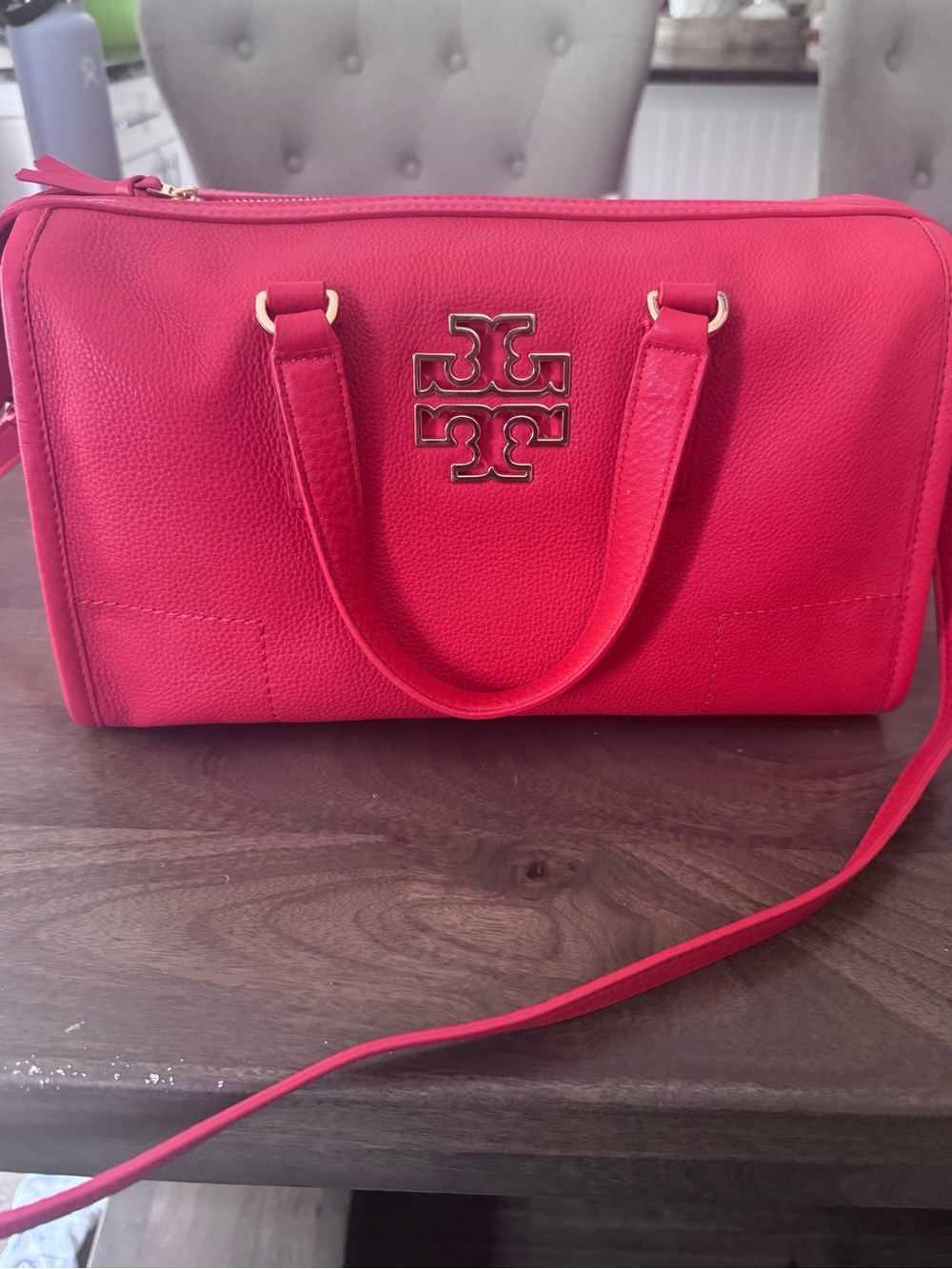 Tory Burch Amanda Pebbled Leather Zip Satchel Red Large Crossbody